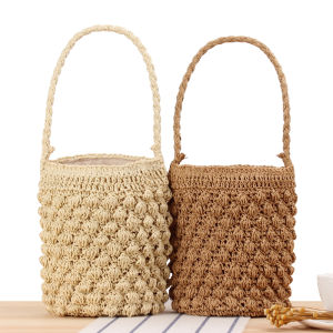 Cute Bucket Straw Rope Woven Handbag Casual Vacation Ladies Bag Soft Tubular Handheld Basket Style Fashionable Korean Design