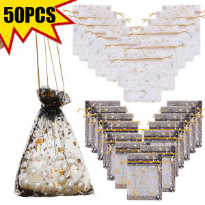 Yespery 50 cái/lốc in ấn trăng sao túi dây rút EID mubarak túi lưới bao bì đồ trang sức Túi hồi giáo hồi giáo ramadan kareem trang trí