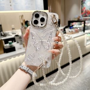 Korean Japanese High-End Seashell Pattern Butterfly Design iPhone X-15 Case Womens Crossbody Strap Pearl Chain Anti-Fall Protection