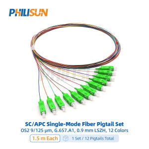 SC/APC 12-Color Fiber Pigtail Set OS2 9/125 μm G.657.A1 0.9 mm LSZH 1.5 m 1/5 Sets PHILISUN