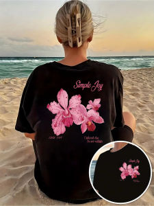 Womens Pink Orchid Print T-Shirt Sleeve Round Neck Top Summer Style T-shirt Comfortable Womens Clothing Top Aesthetic Clothes