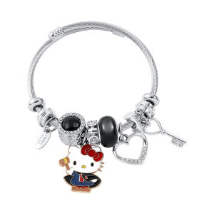 Sanrio | Vòng Tay Hello Kitty Dễ Thương Dành Cho Bé Gái Màu Bạc Có Thể Điều Chỉnh Kiểu Vòng Tay Mở Đính Đá Lấp Lánh & Mặt Dây Chuyền Hình Trái Tim/chìa Khóa Chất Liệu Hợp Kim Kẽm