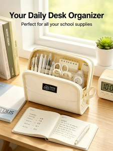 Canvas Pencil Case Large Capacity Student Organizer Multi-Pocket School Supplies Storage Stationery Box
