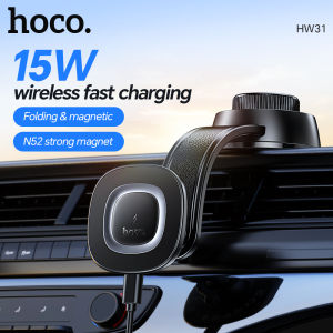 HOCO HW31 Qi 15W Car Phone Holder Magnetic Wireless Fast Charging Car Holder Suction Cup 360° Rotate Folding Bending Center Console Bracket For Phone 12 16 13 Car Phone Wireless Charger Holder
