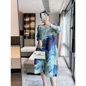 Sunya. 1 Miyake Pleats Please New Ink Painting Print Flowy Slimming Pleated Dress - Elegant Midi Length[92989]
