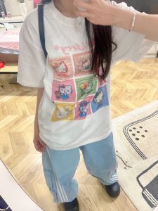 Aunt Fan He [Woven KT] Crochet Feeling Print T-shirt Cute Kitty Short Sleeve Heavy Weight Cotton round Neck Half Sleeve Female