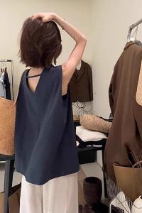 YUANYA | Áo Blouse Dáng Pháp Không Tay Không Lưng Cotton Linen Nữ