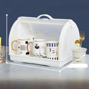 Elegant Cup Storage Rack Dustproof Tea Set Draining Stand Office Home Desktop Organizer Box with Cover Plastic Material