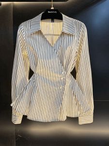 Thon Gọn Vòng Eo Áo Sơ Mi Dài Tay Sọc Có Dây Buộc Nữ Áo Sơ Mi Thời Trang Sành Điệu Thiết Kế Phong Cách Hàn Quốc Đeo Đi Làm Chi Tiết Nút Cổ Chữ V