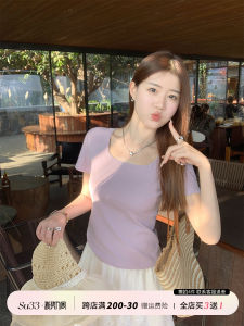 Su Sam Short Sleeve T-Shirt Womens Summer 2025 New Square Collar Dopamine Matching Purple Top Slim Fit Pure Color Casual Wear