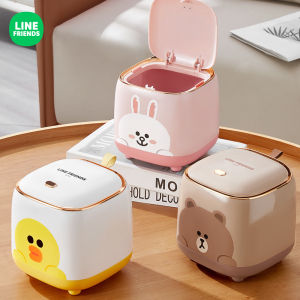 【With Free Gift Two Rolls of Garbage Bags】Line Friends Cute Cartoon Desktop Trash Can Trash Can Bedside Storage Bucket With Cover Dormitory Bedroom Office Press Type Paper Basket Mini Cute Trash Can