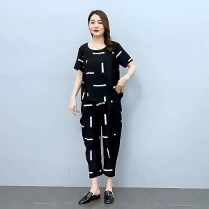 Fashion Design Sense Printing Casual Set Womens Summer New Large Short Sleeve Top Pants Loose Two Piece Set