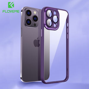 [With Lens Film] FLOVEME Luxury Plating Clear Armor Phone Case For iPhone 14 13 12 Pro Max Plus With Glass Lens Protective Film TPU Back Cover For iPhone 14 13 12