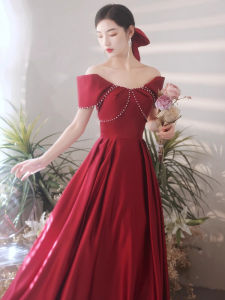 Bride Satin One Shoulder Engagement Dress Wine Red Wedding Casual Elegant Summer Slimming Long Gown Korean Style Polyester Fiber
