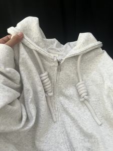 Áo Khoác Cardigan Trùm Đầu Màu Xám Muesli Cho Nữ Mùa Thu 2025 Áo Nỉ Rộng Rãi Thoải Mái Có Khóa Kéo Áo Khoác Ngoài Bằng Cotton Nguyên Chất