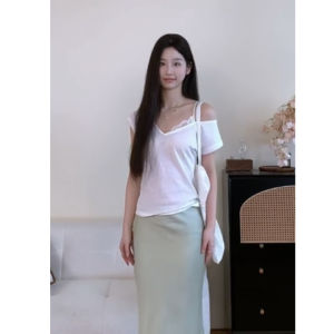 YUEZHONGWEI | White V-neck Short-sleeved Lace Patchwork Slim-fit T-shirt Korean Style Commute Unique Beautiful Waist-cinching Summer Top