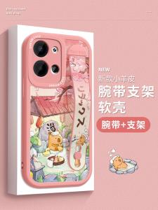 Opporeno13 Silicone Phone Case with Wristband Full Cover Cartoon Panda Design Female Style Anti-Fall Protection for OPPO Phones