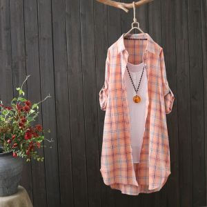 Summer New Plaid Cotton Linen Long Sleeve Womens Shirt Mid-Length Sun Protection Small Jacket Air Conditioning Top Trendy