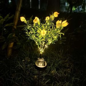 Đèn LED Năng Lượng Mặt Trời Trang Trí Ngoài Trời Hình Bó Hoa Gardenia Nụ Hoa LED Màu Hồng Trên Cành Lá Dành Cho Lối Đi Tiệc Tùng Phong Cách Hiện Đại.
