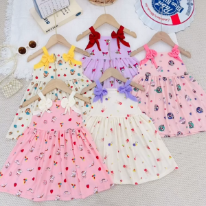 Váy đầm cộc tay tăm lạnh cho bé gái mềm mịn họa tiết xinh xắn 6-16kg năm 2026 dễ thương