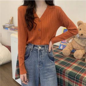 Spring Pink V-neck Knitting Bottoming Shirt Women Cardigan Stylish Niche Style Fancy Inner Match Slimming Chic Tops