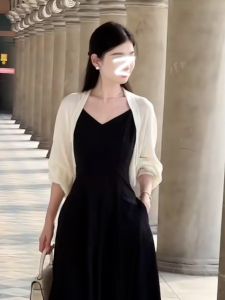 French Style Ice Silk Knitted Light Weight Summer Cardigan Womens Shawl Sun Protection Thin Model Vest Top with Strap Dress
