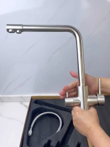 Baokemo Kitchen Faucet Dual Handle L-shaped Design 360 Rotation Hot and Cold Mixer Tap with Direct Drinking Water Outlet