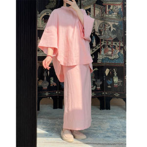 ชุดสองชิ้นคอตั้งแขนยาวผ้าลินินสไตล์จีนใหม่สำหรับผู้หญิงในฤดูร้อน ชุดเสื้อเชิ้ตหลวมๆ พร้อมกระดุมและกระโปรงสั้น