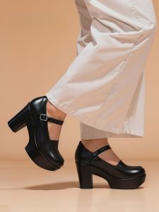 รองเท้าส้นหนาหนังสำหรับผู้หญิง ทรงหัวมน ทรงสวมสบาย ส้นสูง รองเท้าแฟชั่นฤดูใบไม้ผลิ รองเท้าส้นแบนแบบสวมสบาย