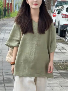 QINGNAER | Slimming Large Size V-Neck Short Sleeve Shirt Pale Green