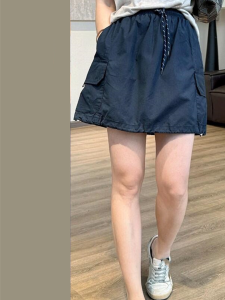 Váy Ngắn Chữ a Cạp Cao American Blue Workwear Cho Nữ Mùa Hè Cỡ Lớn Có Túi Có Dây Rút Chống Ánh Sáng Váy Ngắn Thường Ngày