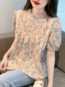 Summer Fashion Floral Print Short Sleeve Chiffon Shirt Womens Clothing Korean Style round Neck Bubble Sleeve Premium Top