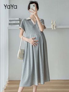 YaYa Long Maternity Dress for Women: Korean Style Plus Size Shirt Collar Pregnant Dresses