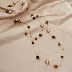 Autumn Winter Pearl Tiger Eye Stone Necklace Womens Long Sweater Chain Luxury Sensation Elegant Style Fashion Jewelry
