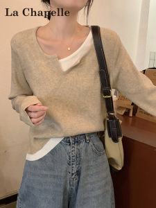 La Chapelle Casual Loose Long Sleeve Womens Knitted Sweater Fake Two-Piece Color Block Design Autumn Winter New Arrival