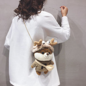 Cute Alaskan Malamute Plush Crossbody Bag Womens Cartoon Doll Chain Shoulder Bag Fashionable Versatile Soft Polyester Lining