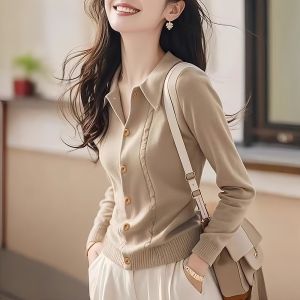 Áo Len Cardigan Cổ Bẻ Cao Cấp Màu Kaki Cổ Điển Cho Nữ Áo Len Dệt Kim Dài Tay Thường Ngày Thường Ngày Mùa Thu