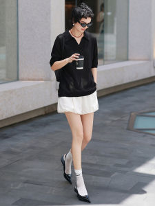 BOGUDU | Stylish Simple Black T-shirt and White Skirt Two-piece Set