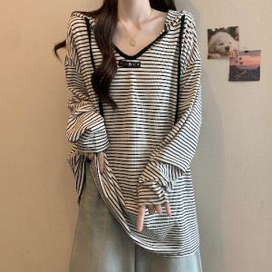 Loose Long Sleeve Striped T-Shirt Womens plus Size Autumn Winter New Lazy Style Korean Version Hooded Mid-Length Top