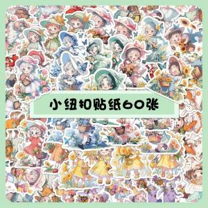 สติ๊กเกอร์น่ารัก 60 แผ่น ตกแต่งเล่มบันทึกมือด้วยกระดุมขนาดเล็ก เล่มบันทึกมือสำหรับเด็กผู้หญิง อุปกรณ์สำนักงาน ลายการ์ตูน วัสดุกระดาษ