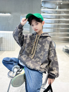 Street Style Hoodie Boys Spring Autumn Bear Print Cotton Sweatshirt Childrens Fashionable Top for Boys Ages 4-14