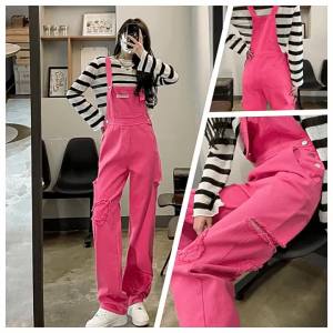 ali Quần Yếm Denim Màu Đỏ Hồng Dành Cho Nữ 2024 Thiết Kế Thích Hợp Cho Mùa Thu Và Mùa Đông Quần Jean Rách Tình Yêu