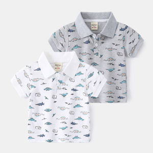 Summer Boys Short-Sleeved T-shirt Childrens Polo Shirt Pearl Cotton Polo Collar Top Baby Boy Full Print Dinosaur Clothes