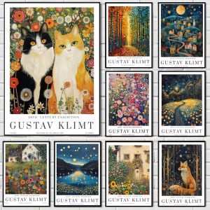 1000PCS Jigsaw Puzzle Gustav Klimt Style Garden Cat And Fox With Moon And Village Scene For Adults Family Fun Brain Teaser Gift