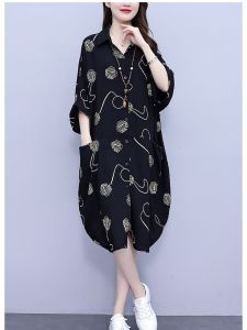 Simple plus Size Polo Collar Dress Long Sleeve Half Sleeve Belly Covering A-Line Silhouette Commute Style Polyester Fiber Skirt