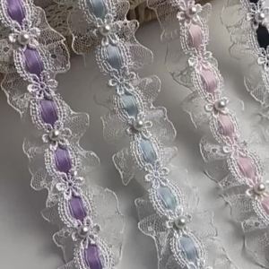 1 Yard Vintage Flower Pearl Beads Lace Trimming Embroidered Ribbon Fabric Sewing Craft For Wedding Gown Bridal Veil Edging Decor