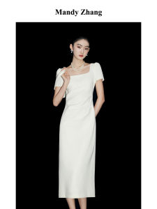 Simple Elegant High-end White Acetate Dress Waist-contracted