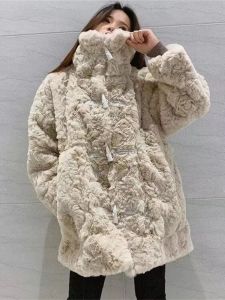 Womens Thickened Faux Fur Coat High Collar Winter Jacket Lamb Velvet Outerwear with Wool Lining Button down Polar Fleece
