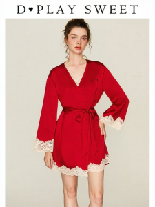 Contrast Lace Satin Robe Red Bridal