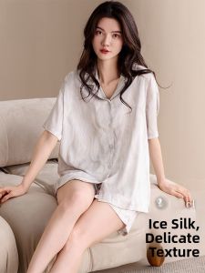 MiiOW | Ice Silk Sleepwear Womens Summer Cool Feeling Short Sleeve Can Be Worn Outside Skin-friendly Breathable High-end Ladies Home Clothes Set